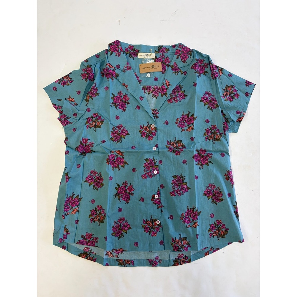 Natural Life Womens L Teal Floral Button Front Short Sleeve Pajama Top Shirt NWT